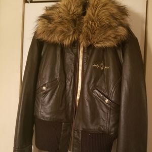 Baby phat brown leather jacket w/ detachable fur